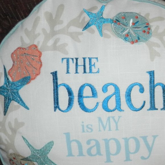 Seashells Beach "The Beach is my Happy Place " Quote Pillow Round NWT - Picture 3 of 13